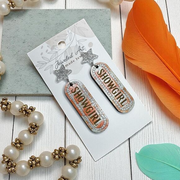 Pre-order Hand-Painted Showgirl Inspired Marquee Statement Wood Earrings - Picture 1 of 6